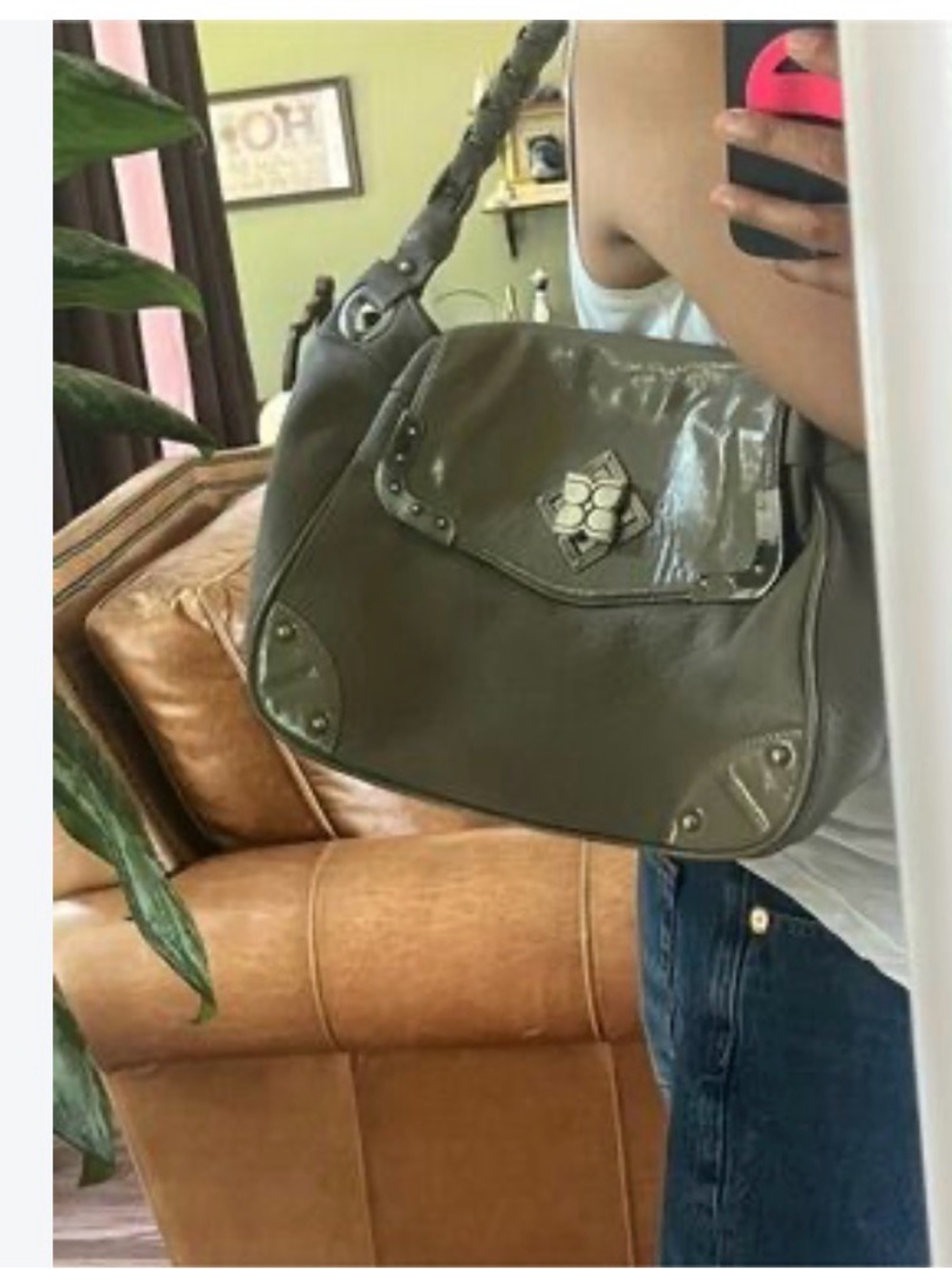 BCBGMaxAzria Olive Green Shoulder Bag with Studded Trim